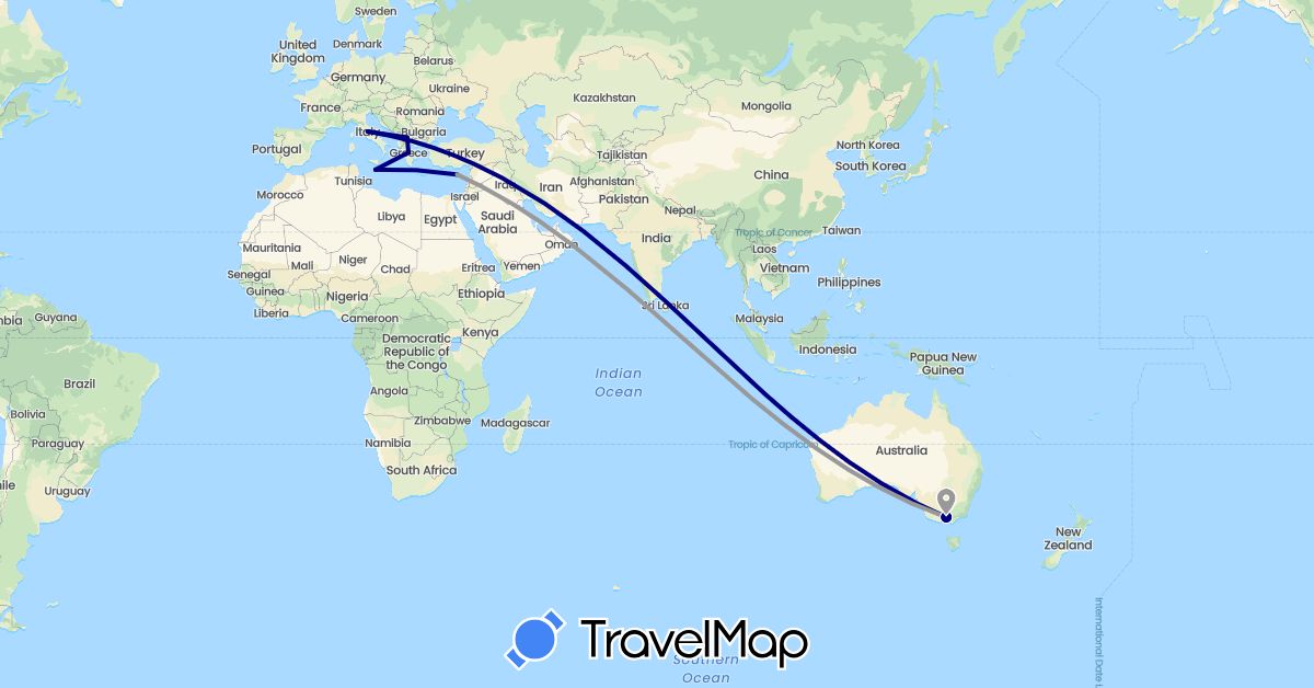 TravelMap itinerary: driving, plane in Australia, Cyprus, Greece, Italy, Macedonia, Malta (Asia, Europe, Oceania)